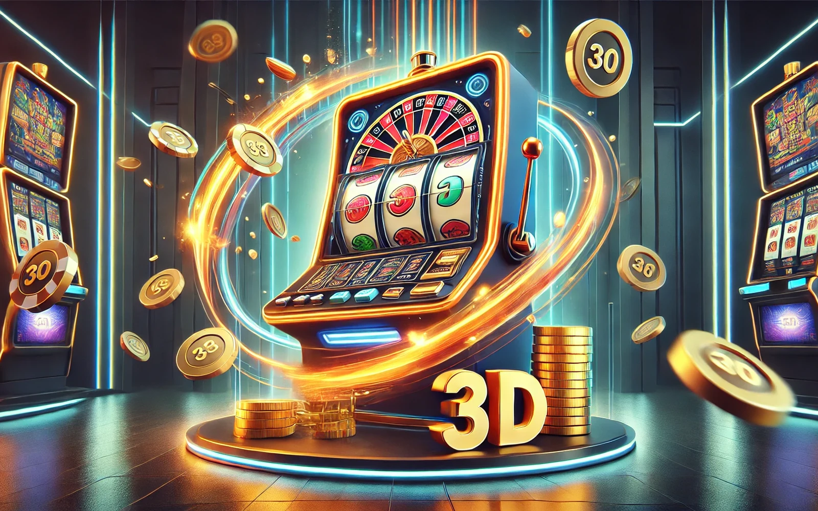 Layar slot dengan simbol permainan dan panel fitur bonus